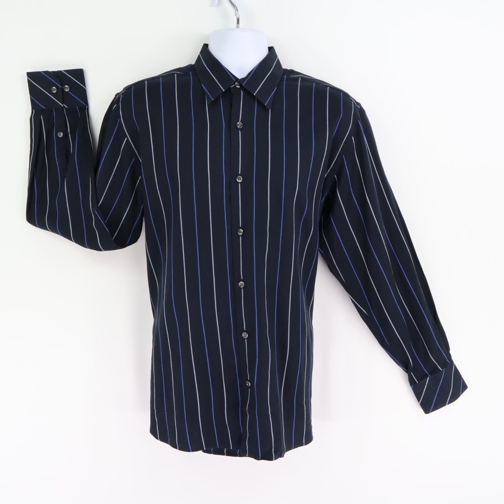 Perry‎ Ellis Dress Shirt Mens Size M Dark Blue Striped 100% Cotton Point Collar